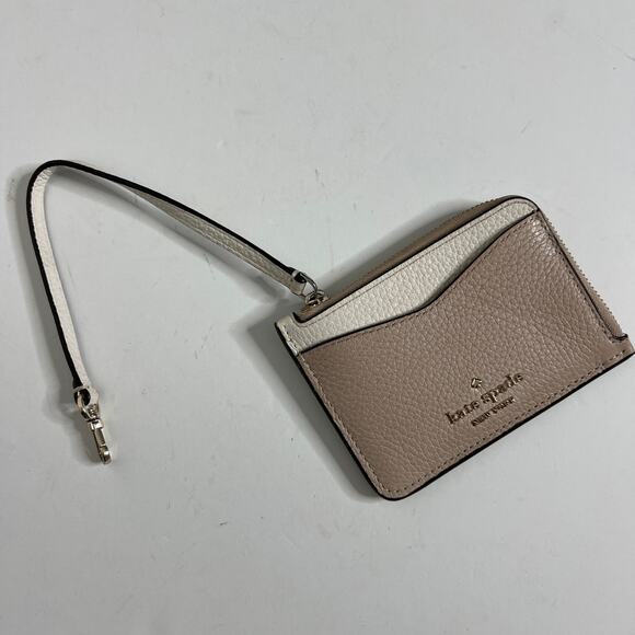 Kate Spade Pebbled Leather Card Case Wallet Zip Coin Cardholder Beige Taupe - Picture 6 of 11